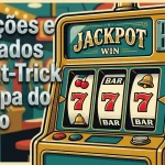 Máquina caça-níqueis retrô com símbolos de vitória e texto sobre cotações de hat-trick.