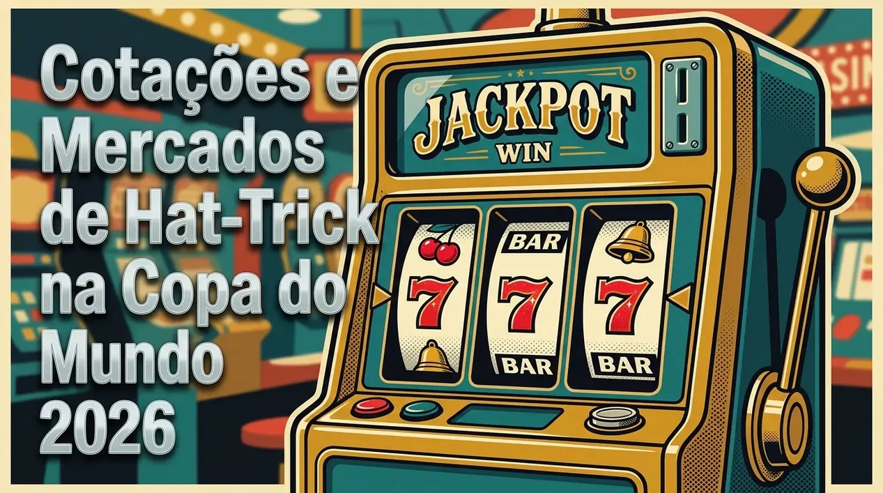 Máquina caça-níqueis retrô com símbolos de vitória e texto sobre cotações de hat-trick.