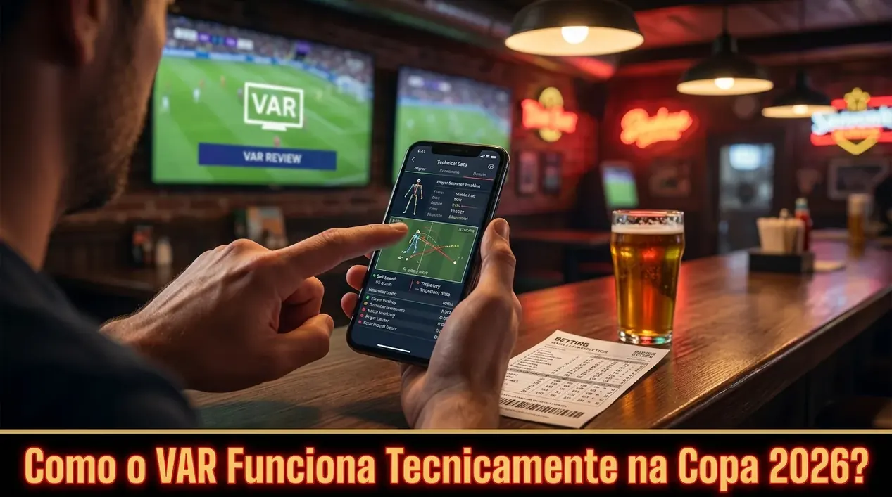 Hand pointing at smartphone with VAR technical data in sports bar.