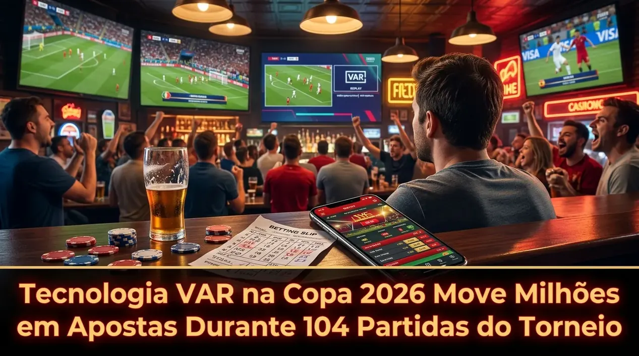 Sports bar with phone showing VAR betting action during World Cup.